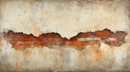 An old stucco wall with half of the surface revealing rustic red bricks underneath. The plaster has a worn-out texture, with cracks and chipped edges blending seamlessly into the exposed bricks.