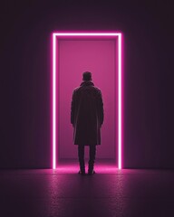 A figure standing before a glowing door, symbolizing opportunity and new beginnings.