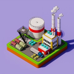Isometric 3d rendering of industrial factory with flat cartoon effect