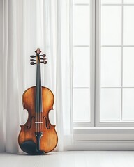 A beautiful violin stands gracefully beside a window with flowing curtains.