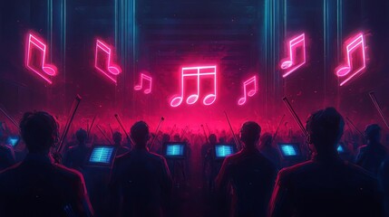A vibrant concert scene featuring neon musical notes and a captivated audience.