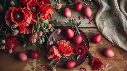 easter eggs on a wooden background and red poppy