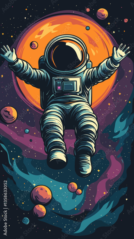Poster fearless astronaut floating in space above nebula with planets in minimalist vector art