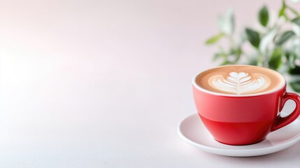 A vibrant red cup of latte art coffee, serene and inviting.  Aromatic, creamy, and perfectly frothed, showcasing a delicate latte art design.  Elegant and simple, perfect for a leisurely morning