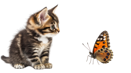A kitten sitting next to a butterfly, both staring at each other on a transparent background