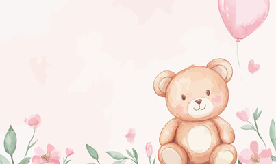 Minimalist Baby Shower Invitation with Teddy Bear and Balloon in Watercolor Style