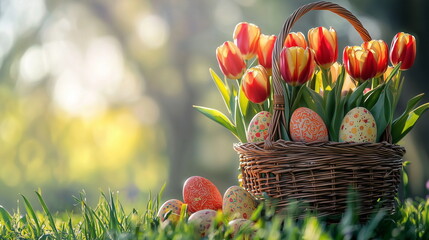 Easter eggs in a basket with tulips