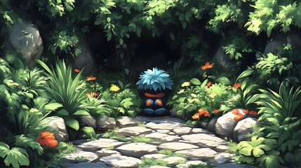 Fototapeta premium Cute creature in a lush jungle pathway