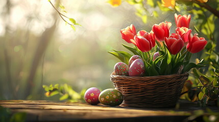 Easter eggs and tulips
