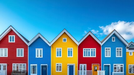 A harmonious collection of colorful houses in red, yellow, blue, and orange, their exteriors reflecting vibrant energy, framed by a pristine blue sky. 