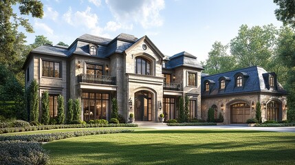 Fototapeta premium A high-end Dallas home with three stories, a pristine lawn, and large front yard trees, exuding luxury and sophistication in an exclusive neighborhood. 