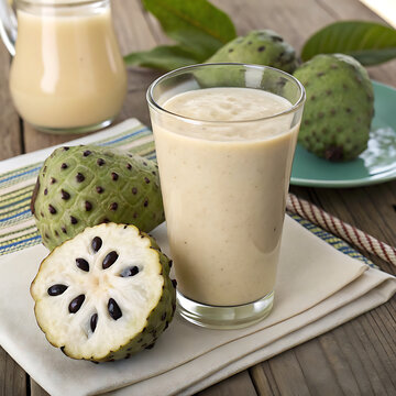 Creamy Soursop Smoothie in Glass with Fresh Tropical Fruit on Table