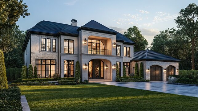 A high-end Dallas home with three stories, a pristine lawn, and large front yard trees, exuding luxury and sophistication in an exclusive neighborhood.  