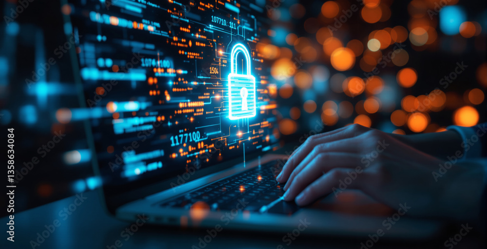 Poster hands typing on a laptop with a glowing lock icon on a digital interface, symbolizing cybersecurity 