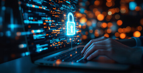 Hands typing on a laptop with a glowing lock icon on a digital interface, symbolizing cybersecurity and data protection, on a futuristic tech background. Ai generative