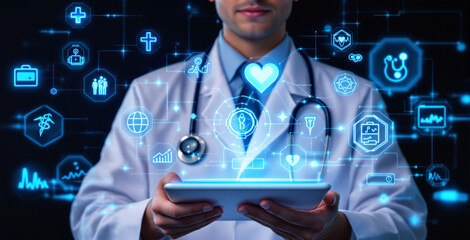 Doctor in a white coat using a tablet with futuristic digital medical icons floating around, symbolizing modern healthcare technology and innovation. Ai generative
