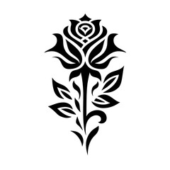 Decorative black silhouette of a rose flower with stem isolated on transparent background. Elegant floral stencil template.