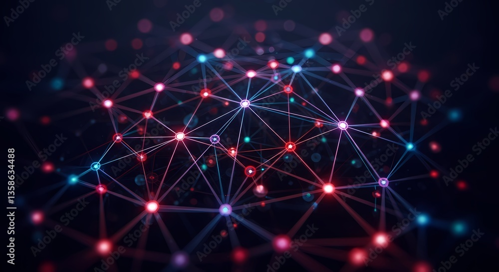 Poster digital network connections with glowing nodes on a dark background