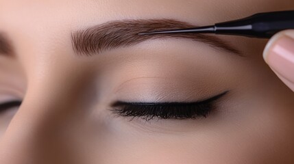 Naklejka premium Eyebrow shaping tutorial beauty studio video guide indoor close-up makeup techniques