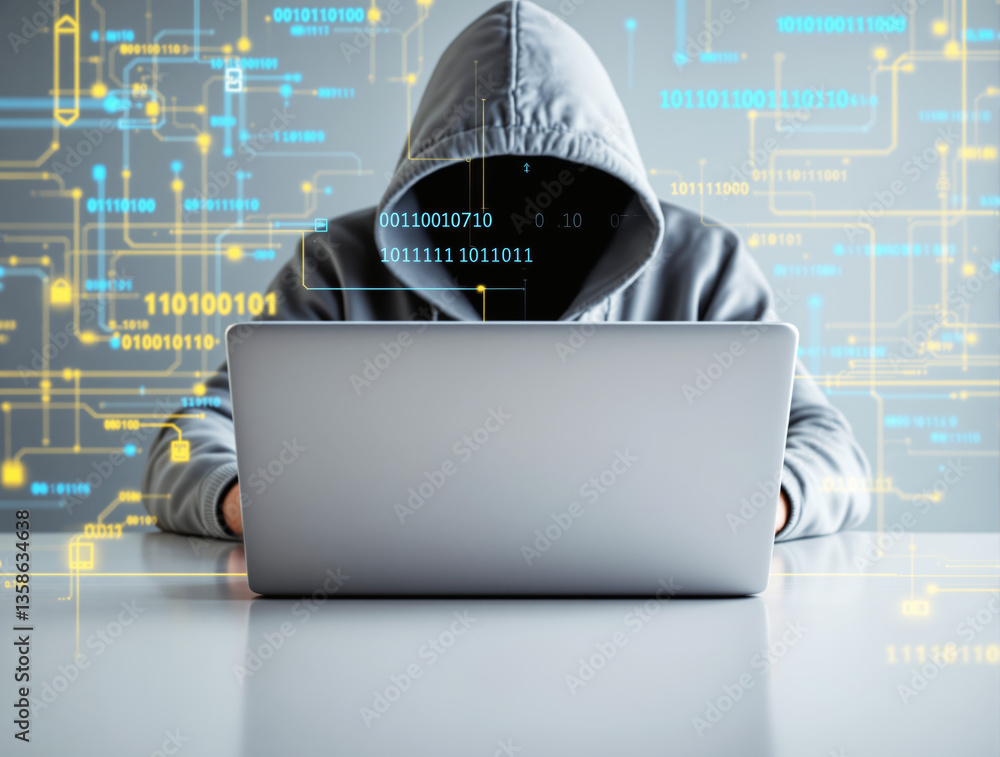 Poster mysterious hacker in hooded sweatshirt working on a laptop with a futuristic digital interface overl