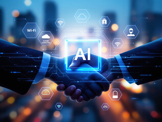 Two business professionals shaking hands with AI digital elements, futuristic technology interface, and glowing blue network connections on a blurred cityscape. Ai generative