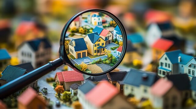 A housing market concept with a magnifying glass zeroing in on a model house, positioned among a collection of small-scale residential buildings.  