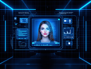 Futuristic interface with facial recognition system showing a woman's face, biometric data, and analytics. High-tech blue background. Concept of digital identity. Ai generative