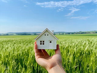 Small House Model in Hand Over Wheat Field