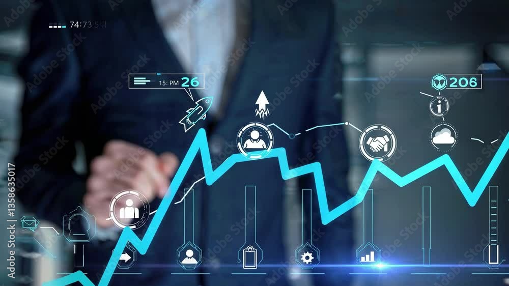 Poster a professional male in a suit interacting with advanced business data and analytics on a transparent