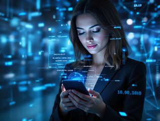 Businesswoman using smartphone with futuristic digital interface, glowing data elements, and holographic tech graphics in a blue-toned technology background. Ai generative