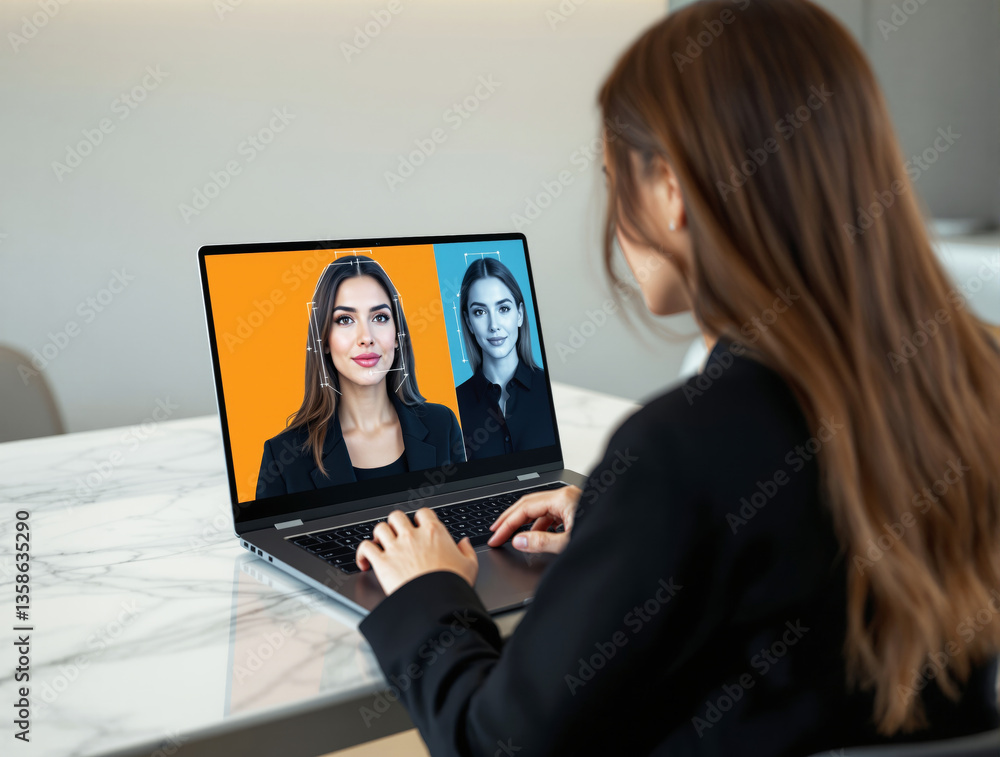 Aufkleber woman using a laptop with facial recognition software, analyzing identity verification. modern techn