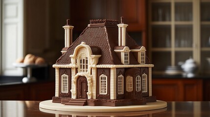 Obraz premium A luxurious chocolate house with rich milk chocolate walls, a dark chocolate chimney, and delicate piping details made from white chocolate. 