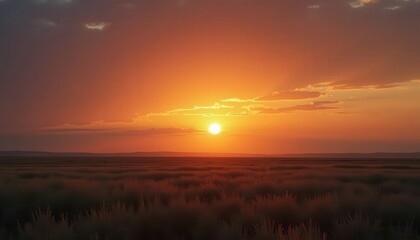 Vibrant Sunset over Flat Grassland