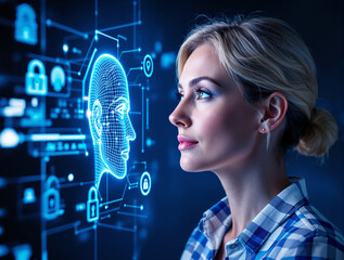 Woman looking at a futuristic digital AI interface with holographic elements on a dark background. Concept of artificial intelligence and technology. Ai generative