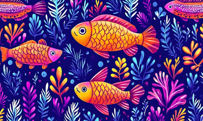 Fototapeta premium Colorful underwater scene featuring vibrant fish swimming among lively aquatic plants in a deep blue background