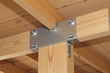 Metal Connector Bracket for Wood Beams in Construction, Designed for Structural Support in Framing Joinery Specifically for Woodworking Projects and Carpentry