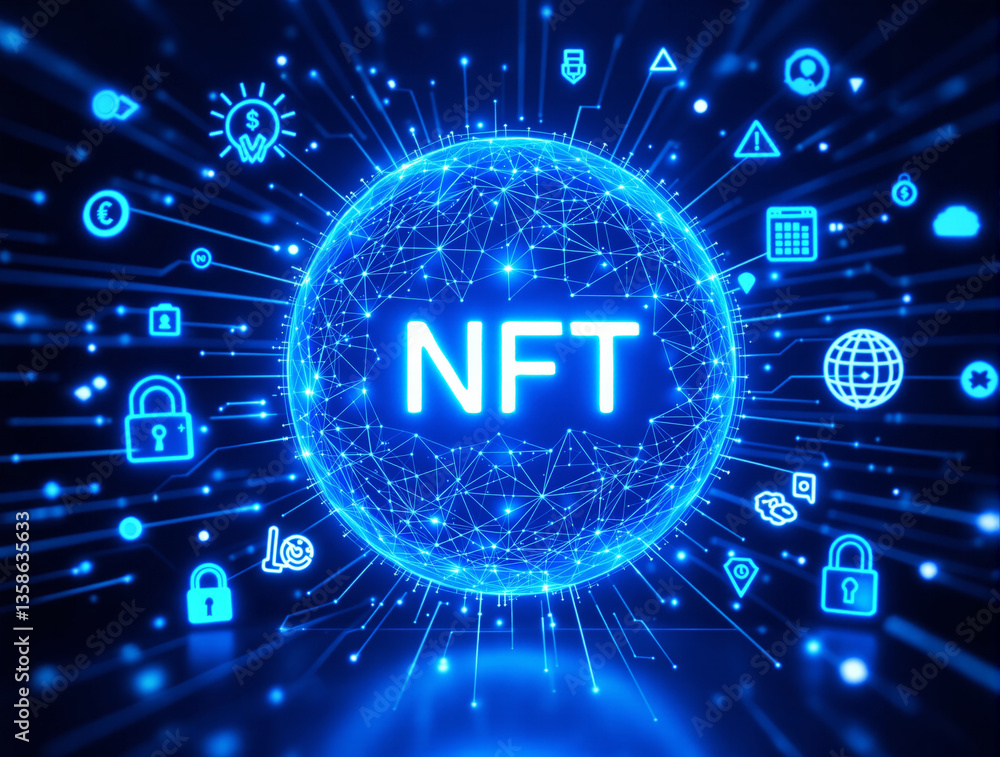 Poster glowing nft text inside a digital sphere with blockchain icons surrounding it on a deep blue backgro
