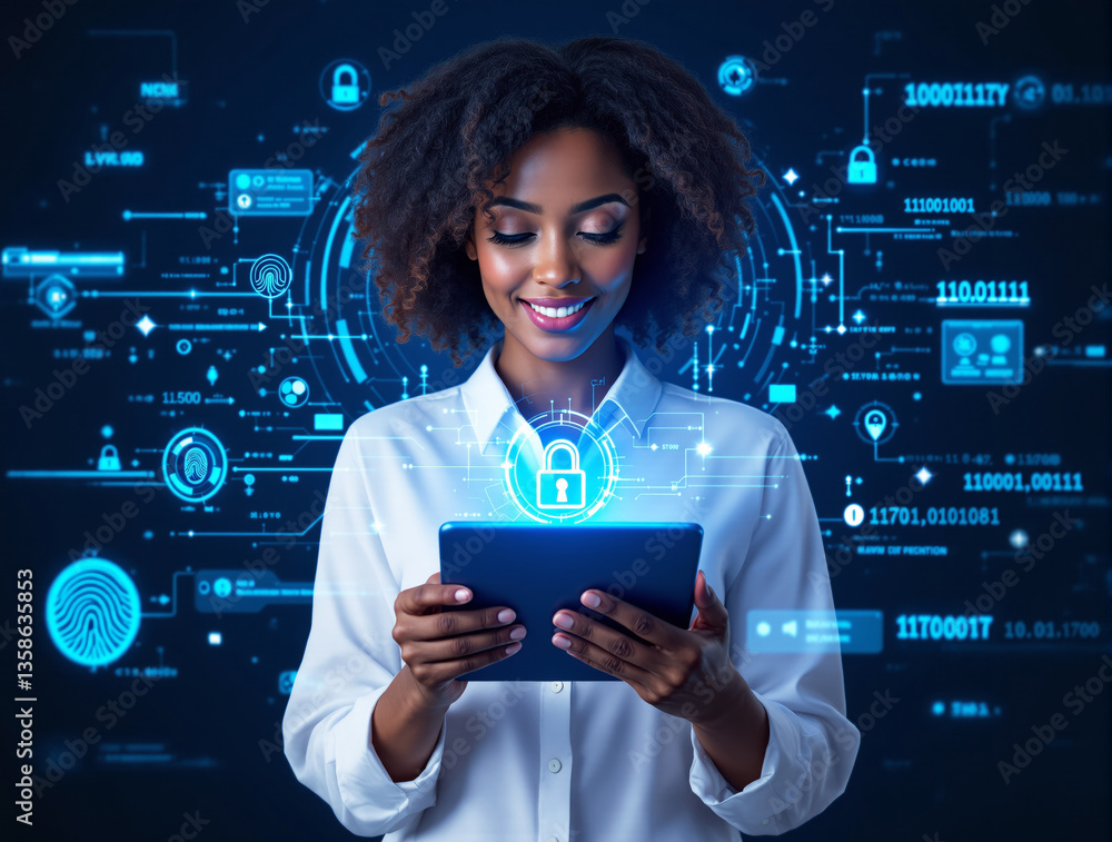 Poster woman using tablet with glowing cybersecurity icons and digital data on dark background. concept of 