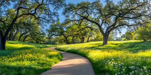 Obraz premium Park path winds through grassy fields and blooming wildflowers