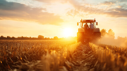 Fototapeta premium Tractor harvesting wheat at sunset in a rural field agricultural landscape serene environment wide-angle view