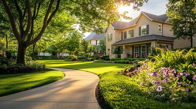 A luxurious three-story house in Dallas, Texas, showcasing a well-maintained front yard with expansive green grass and shady trees, located in a prestigious neighborhood. 