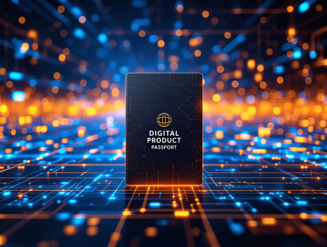 A digital product passport card stands on a glowing futuristic technology background with blue and orange lights. Concept of digital identity and tech innovation. Ai generative
