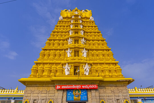 Chamundeshwari Temple is a Hindu temple located on the top of Chamundi Hills about 13 km from the palace city of Mysuru in the state of Karnataka in India. The temple was named after Chamundeshwari.