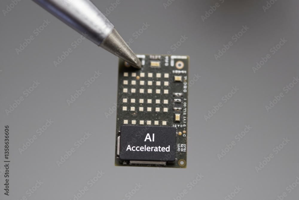 Poster close-up of a hand holding a semiconductor chip with an ai accelerated label, highlighting advanced 