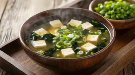 A bowl of miso soup with tofu, seaweed, and green onions, steaming gently on a wooden tray.
