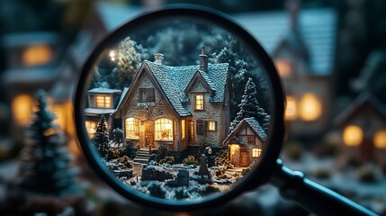 A magnifying glass zooming in on one house, showcasing its unique details while others in the background remain out of focus, ideal for real estate concepts.  