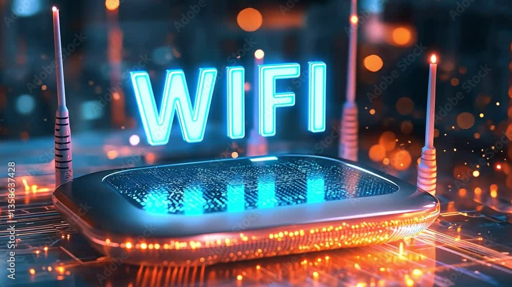 Poster modern wifi router showcasing glowing antennas and digital circuits, enhancing connectivity and tech