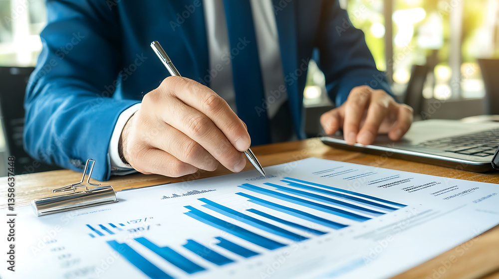 Poster analyzing business growth trends through data visualization in a modern office environment