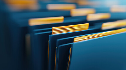 row of organized blue folders with golden tabs creates sense of order and efficiency