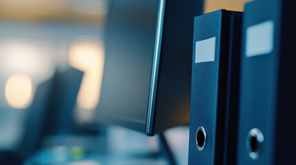 Close up of index labels on physical folders beside digital screens. Office organization concept